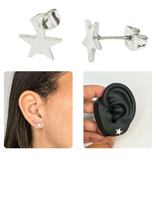 Brinco Masculino Feminino Estrela Pequena 1º 2º 3º Furo Delicado Minimalista Prata Aço Inox