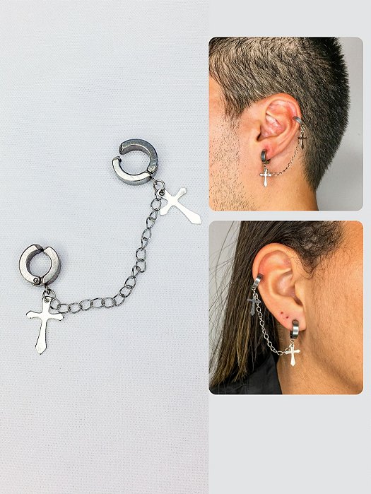 Brinco Argola Prata Masculino Feminino Pressão Corrente Cruz Trabalhada Cartilagem Aço Inox