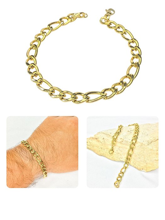 Pulseira Masculina Fígaro Grossa 6mm Dourado 3x1 Aço Inox Antialérgico Prova D'Água