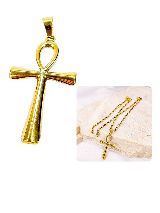 Pingente Masculino Laço Cruz Egípcia Ankh Símbolo Vida Dourado Aço Inox Antialérgico Religioso