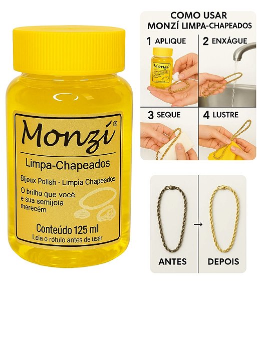 Limpa Chapeados Semijóia Monzi 125ml Grande Original Liquido Restaura Limpeza Jóias Correntes Anel