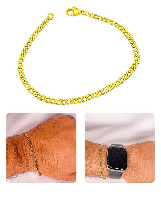 Pulseira Masculina Fininha Dourada Grumet Cubana 1X1 2mm Aço Inox Minimalista Básica Elegante