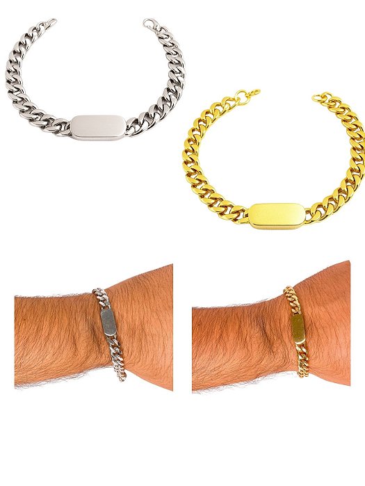 Pulseira Masculina Grossa 7mm Dourada Prata Grumet Chanfrada Placa Lisa Aço Inox Elegante Moderna