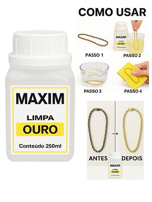 Limpa Jóias Ouro Puro 18k Platina Maxim 250ml Grande Original Liquido Limpeza Brilho