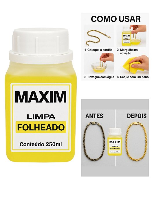 Limpa Chapeados Folheado Semijóia Maxim 250ml Grande Original Liquido Limpeza
