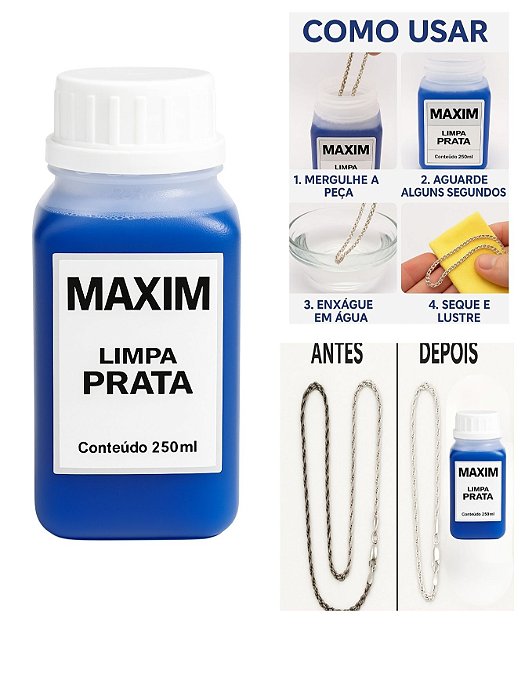 Limpa Prata 925 Maxim 250ml Azul Grande Original Liquido Limpeza Brilho