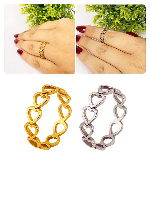 Anel Feminino Corações Vazados Delicado Moderno Minimalista Prata Dourado Aço Inox Tipo Falange