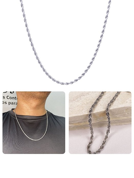 Corrente Masculino 60cm Fininho 2m Elo Baiano Prata Aço Inox