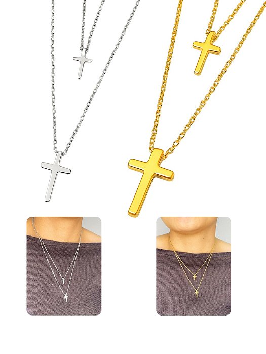 Colar Feminino Duplo Choker Pingente Cruz Delicado Aço Inox Premium Prata Dourado Presente