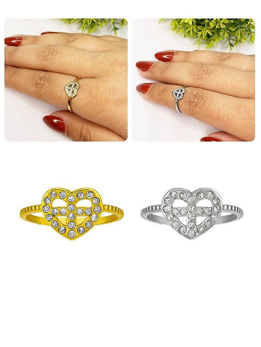 Anel Falange Coração Cravejado Brilho Prata Dourado Aço