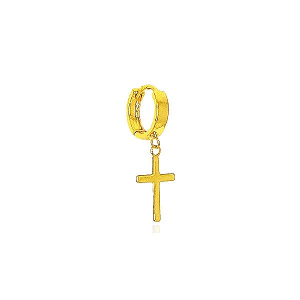 Brinco Masculino Feminino Argola 11mm Pingente Cruz Dourado Folheado Ouro 18k - 1 PEÇA