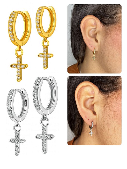 Brinco Argola Masculino Feminino Pingente Cruz Pequena Cravejada Brilho Prata Dourado Aço Inox PAR