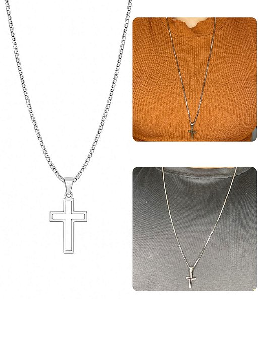 Cordão Colar Veneziana Longo 70cm Masculino Feminino Pingente Cruz Vazada Prata Aço Inox Minimalista