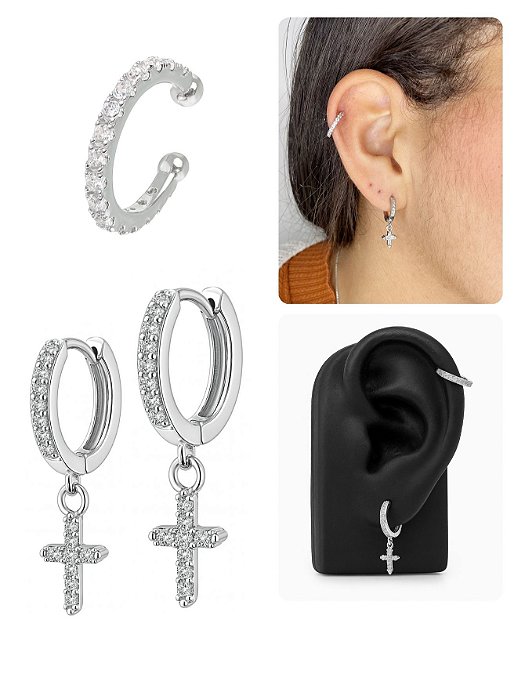 Kit Brinco Argola Pingente Cruz + Piercing Helix Cravejado Zircônias Aço Inox Premium Unissex