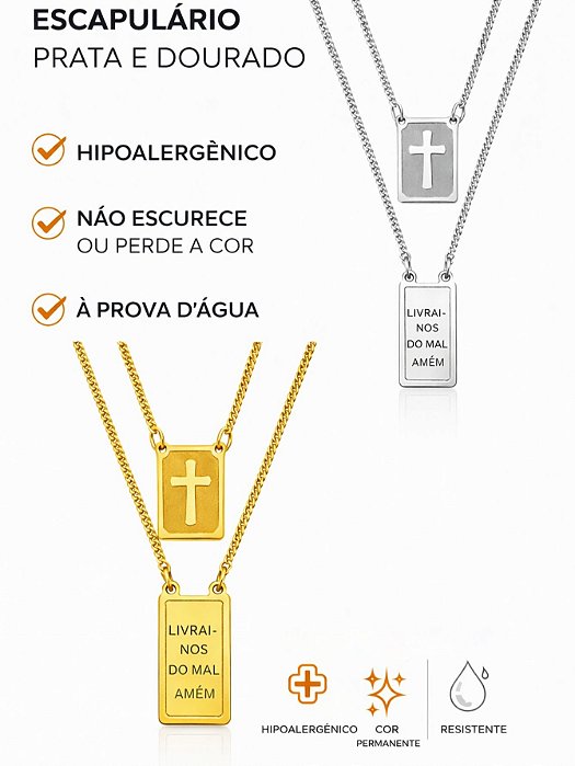 Cordão Escapulário 60cm Livrai-nos Do Mal Cruz Prata Dourado Aço Inox Pode Molhar Unissex