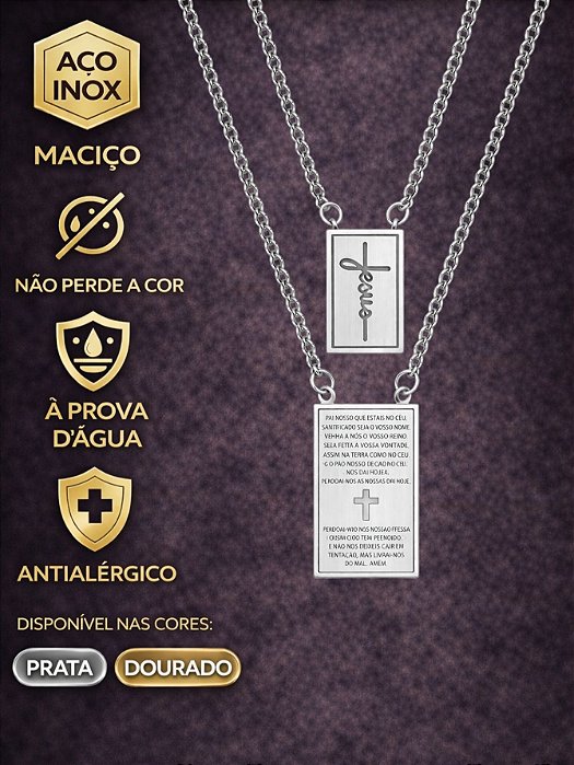 Cordão Escapulário 60cm Jesus Oração Pai Nosso Prata Dourado Aço Inox Pode Molhar Unissex