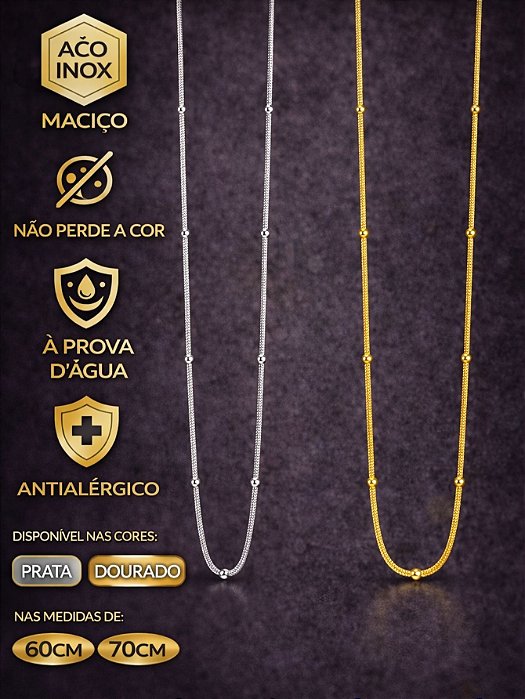 Colar Cordão 60\70cm Feminino Prata Dourado Bolinha Fita Entrelaçado Aço Inox Não Escurece