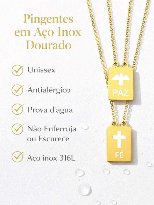 Cordão Escapulário Fé Paz 60cm Dourado Aço Inox Premium Pode Molhar Não Escurece Unissex