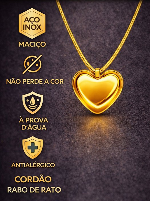 Colar Cordão 45cm Rabo de Rato Dourado Pingente Coração 3D Aço Inox Feminino Com Extensor Delicado