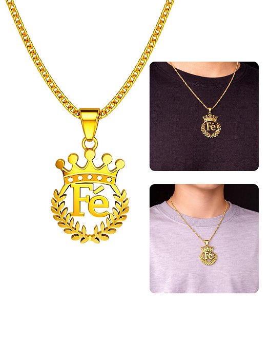 Cordão 50cm Infantil Aço Inox Pingente Fé Coroa Louro Dourado Masculino Feminino Não Escurece