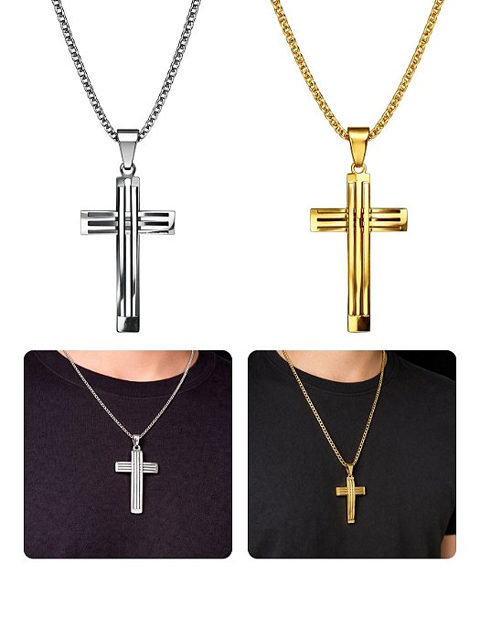 Cordão 70cm Pingente Crucifixo Listrado Grosso Grande Prata Dourado Aço Inox Não Escurece Masculino