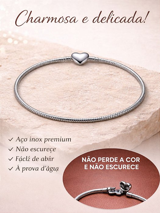 Pulseira Pandora 19cm Aço Inoxidável Para Berloques Prata Fecho De Coração Feminino