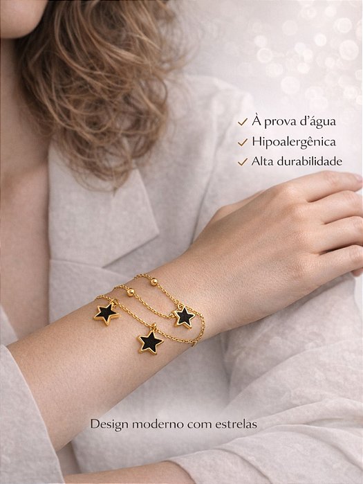 Pulseira Dupla Bolinhas Estrela Madrepérola Branca Preto Aço Inox Prata Dourado Feminina 2 em 1