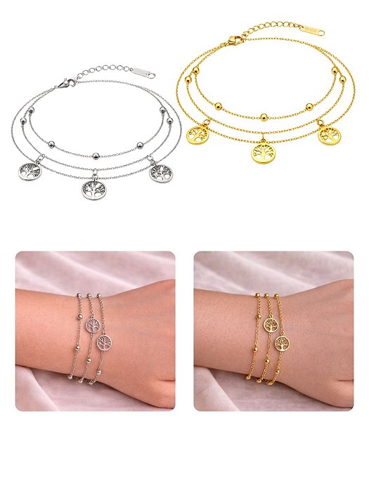Pulseira 3 em 1 Árvore da Vida Bolinhas Prata Dourado Aço Inox Feminina Elegante Não Escurece