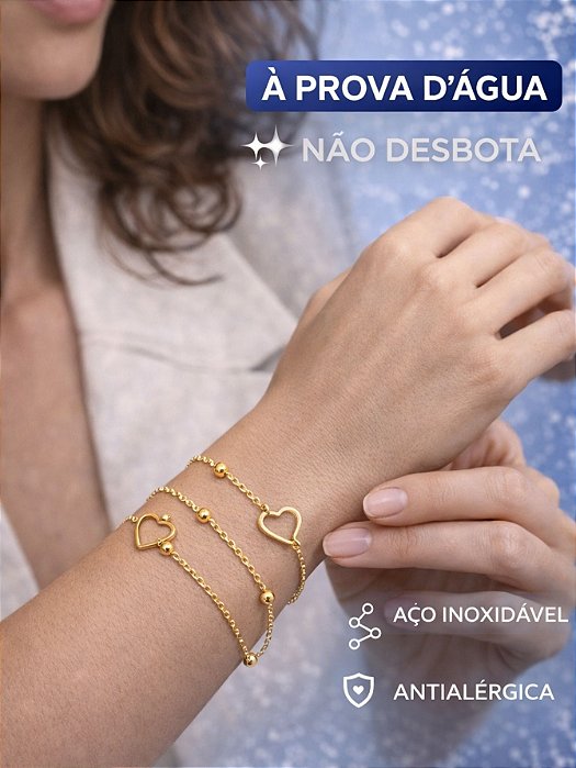 Pulseira 3 em 1 Corações Vazados Bolinha Aço Inox Prata Dourado Feminina Não Escurece
