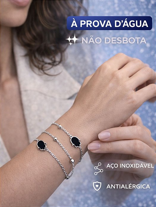 Pulseira Dupla Mão Hamsá Fátima Madrepérola Preto Branco Aço Inox Prata Dourado Feminina Amuleto