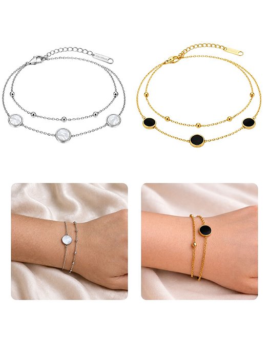 Pulseira Dupla Madrepérola Preto Branco Bolinhas Redondo Feminina Aço Inox Prata Dourado