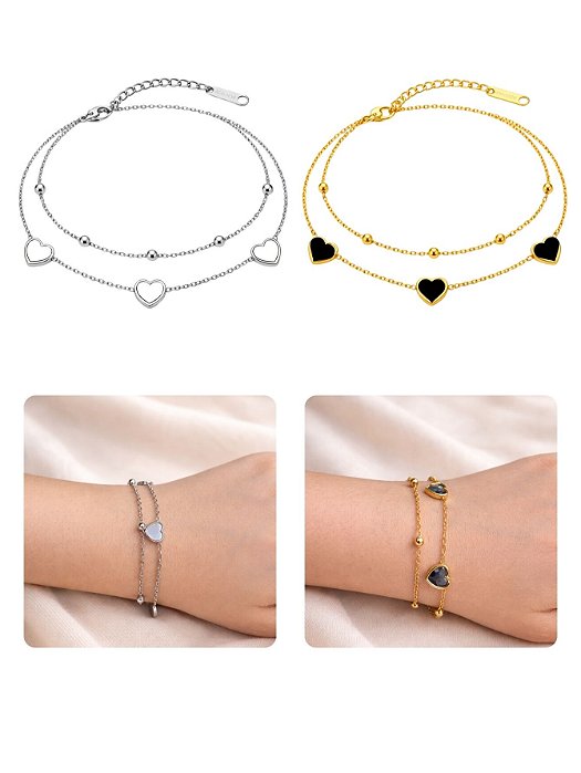 Pulseira Dupla Coração Madrepérola Preto Branco Aço Inox Prata Dourado Bolinha Elegante Feminino
