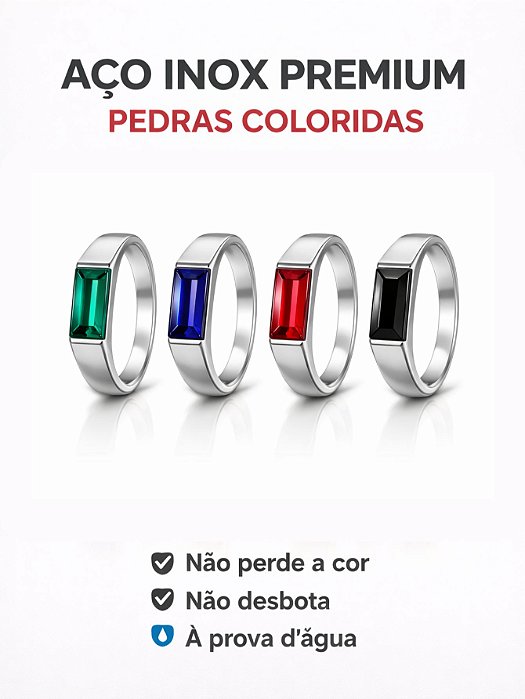 Anel Flat Pedra Preto Verde Azul Vermelho Aço Inox Prata Dedeira Onix Quadrada Não Escurece