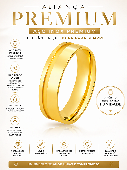 1 Und Aliança Dourada Reta 6mm Com1 Friso Lateral Aço Inox Não Escurece Casamento Noivado Unissex