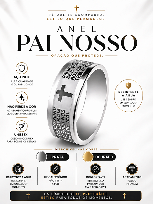 Anel Aliança Oração Pai Nosso Jesus Reza Prata Dourado Aço Inox Premium Não Escurece Religioso Cruz