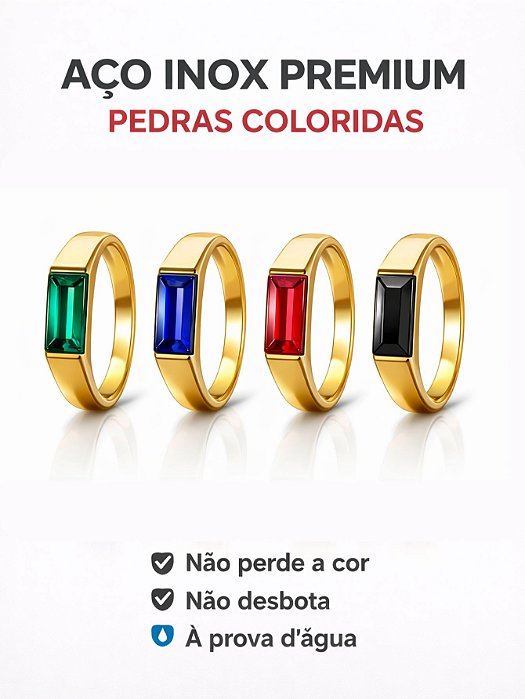 Anel Flat Pedra Preto Verde Azul Vermelho Aço Inox Dourado Dedeira Onix Quadrada Não Escurece