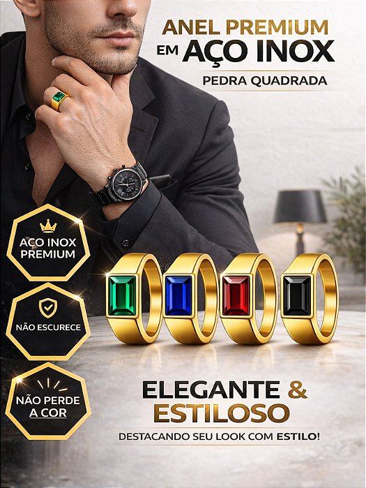 Anel Comendador Dourado Pedra Preto Verde Azul Vermelho Aço Inox Dedeira Quadrada Não Escurece
