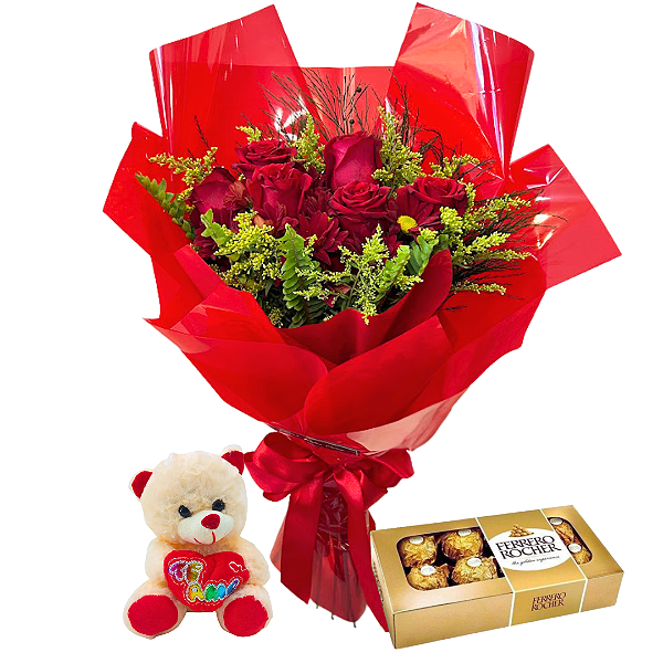 Buquê de 6 Rosas com Ferrero Rocher 8 Bombons e Urso de Pelúcia