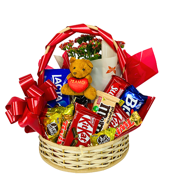 Cesta de Chocolates com Pelúcia e Flores
