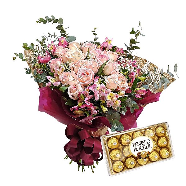 Buquê Luxo com 20 Rosas Cor de Rosa com Ferrero Rocher