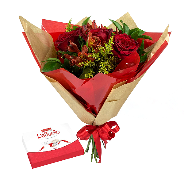 Buquê de 3 Rosas Vermelhas com Chocolate Raffaello