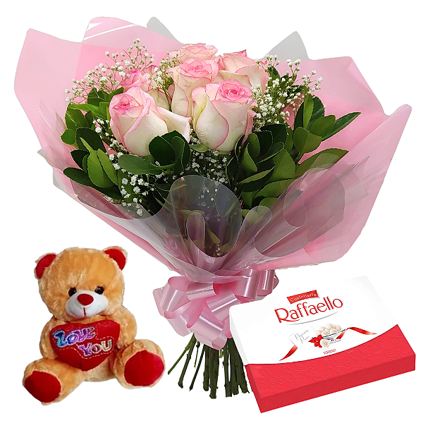 Buquê Classic 6 Rosas Cor de Rosa com Raffaello e Urso de Pelúcia
