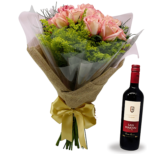 Buquê Rustic Luxury 15 Rosas Cor de Rosa com Vinho