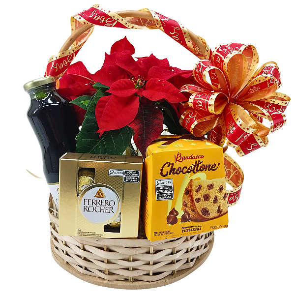 Cesta Natal com Ferrero, Suco, Chocotone e Flor