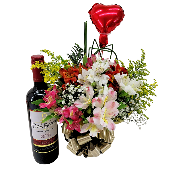 Arranjo delicadeza mix astromélias e vinho