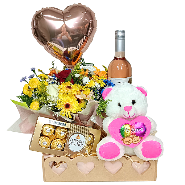 Doce Amor – Bandeja com Vinho, Pelúcia e Rosas