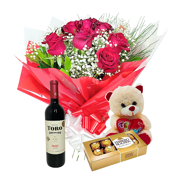 Buquê Fascínio Vermelho – 10 Rosas com Vinho, Ferrero e Pelúcia