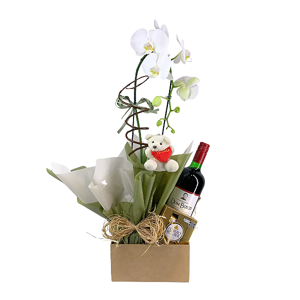 Orquídea Branca 1 Haste Com Vinho e Ferrero Rocher
