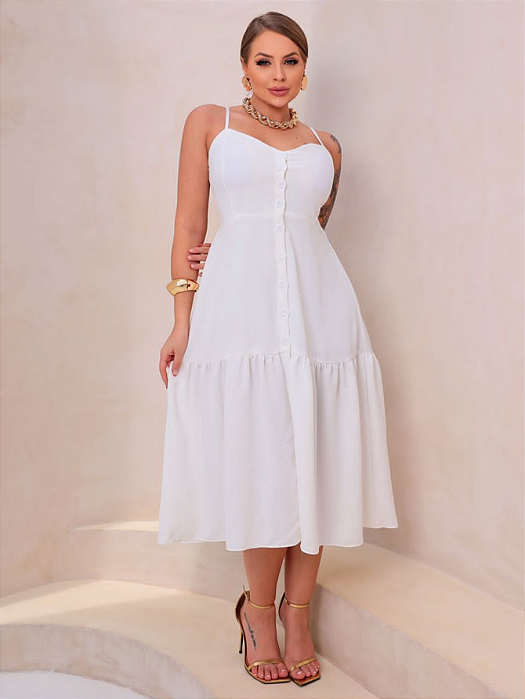 Vestido Midi Renata Alcinha Duna Rodado Soltinho Com Botões