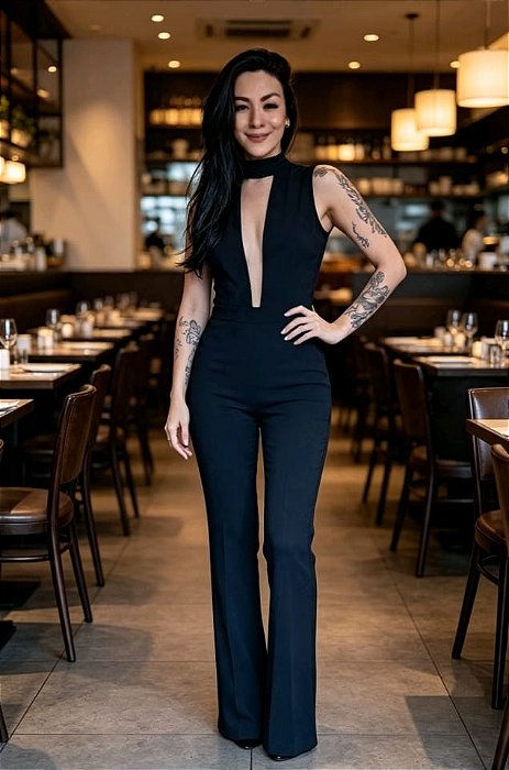 Macacão Longo Flare Anitta Em Crepe Decote Tule Cavado